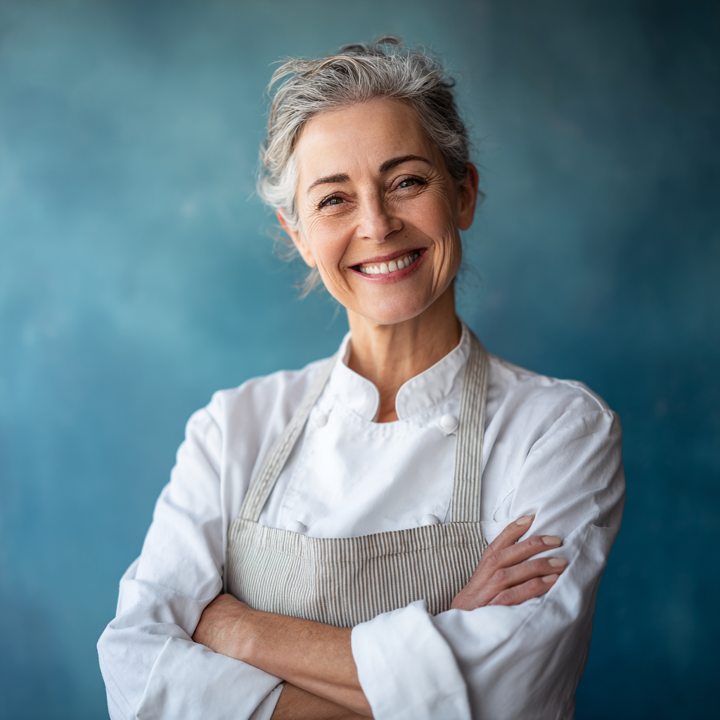 Hazel from RecipesMom smiling beside a counter with homemade dishes